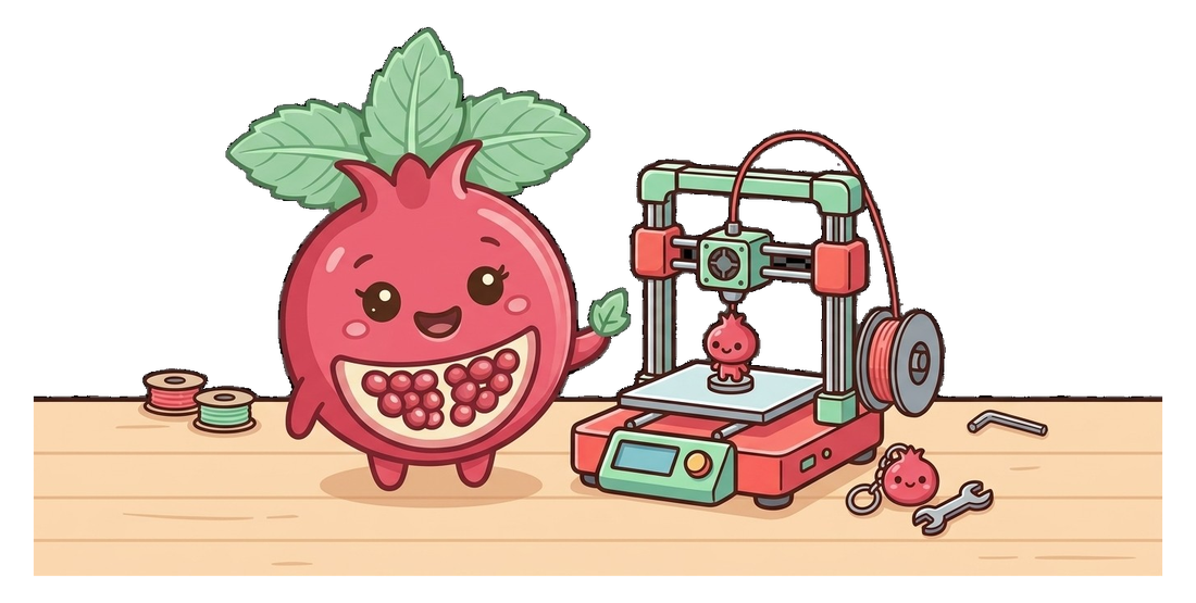 The POMMIN mascot printing a keychain on a 3D printer